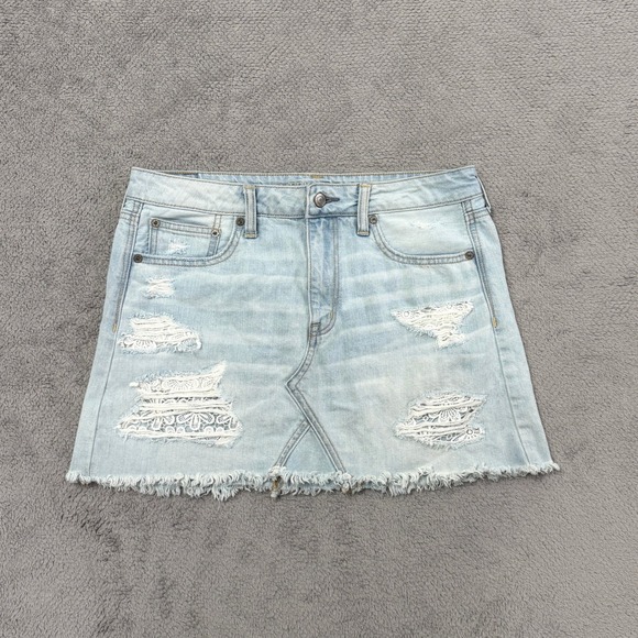 American Eagle Outfitters Dresses & Skirts - American Eagle Denim Mini Skirt Womens 8 Blue Distressed Lace Inset Frayed Hem